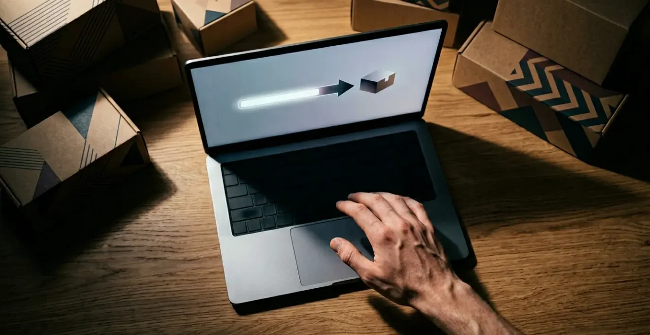 Processus de checkout e-commerce avec une main hésitante au-dessus d'un ordinateur portable montrant un panier d'achat en cours