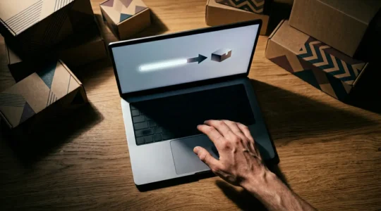 Processus de checkout e-commerce avec une main hésitante au-dessus d'un ordinateur portable montrant un panier d'achat en cours