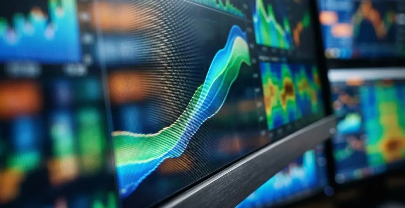 Gros plan sur un écran de trading avec graphiques d'enchères et flux de données colorés