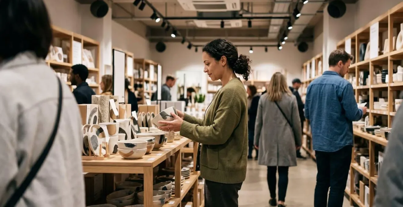 Vue arrière de clients dans un magasin avec système sonore discret intégré au plafond, illustrant l'impact du design sonore.