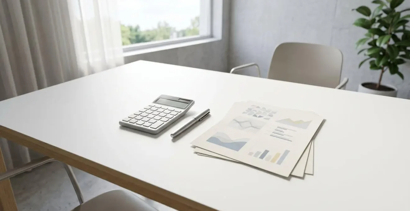 Bureau épuré avec calculatrice, stylo et graphiques abstraits imprimés, vue large montrant l'espace de travail