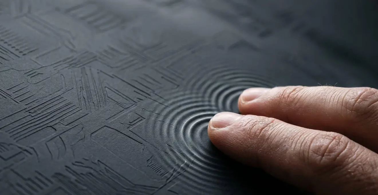 Représentation macro de doigts interagissant avec une surface tactile