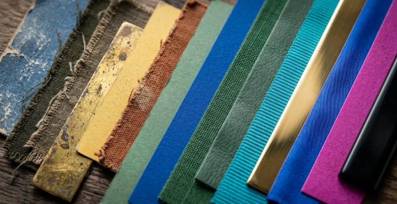 Vue macro de nuanciers colorés et échantillons de matières disposés en progression évolutive suggérant transformation et modernisation