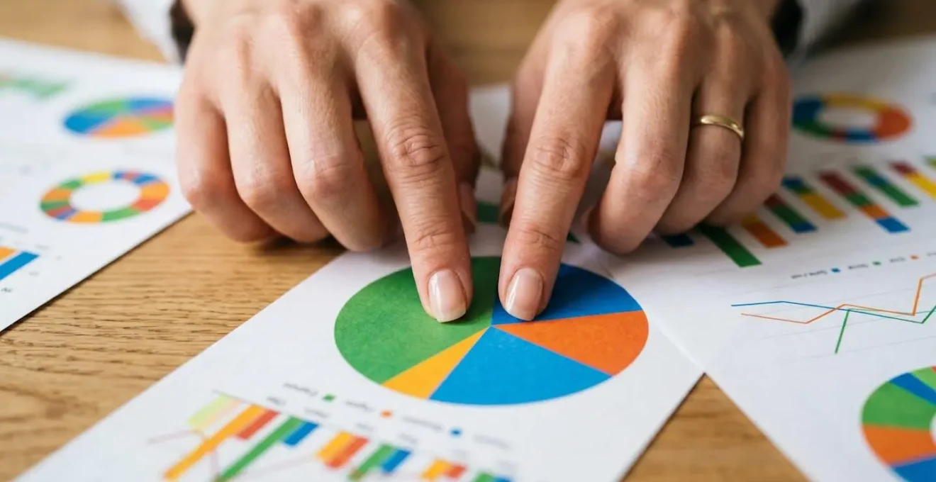 Gros plan sur des mains analysant des données colorées de mots-clés sur une table en bois naturel