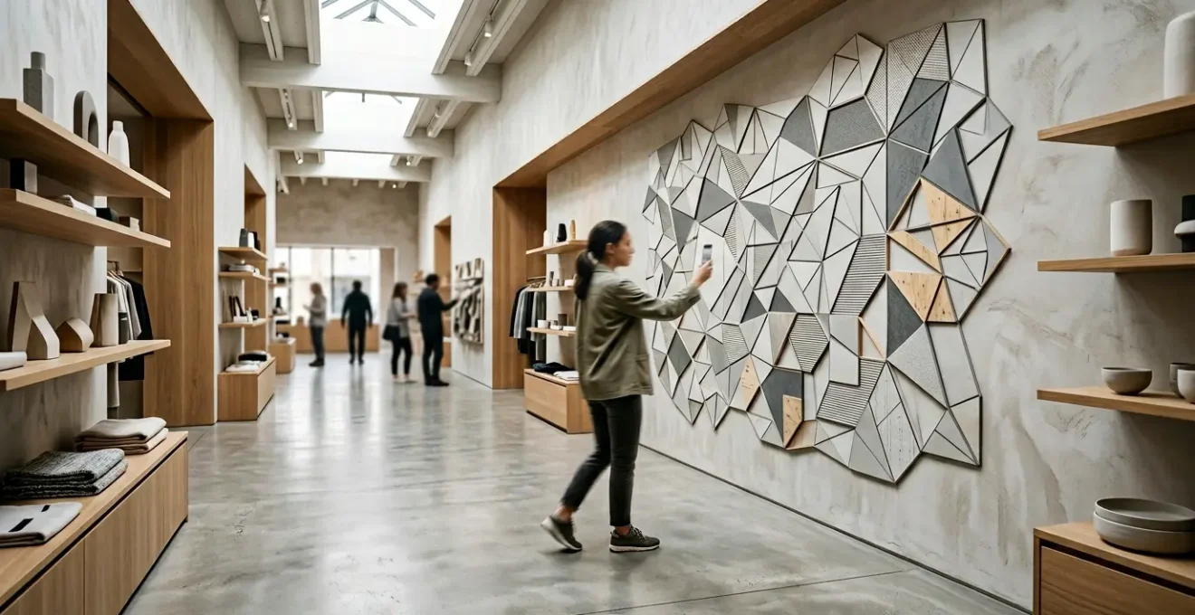 Une scène en magasin moderne montrant l'interaction entre clients et technologie phygitale, mise en scène dynamique avec QR codes intégrés naturellement