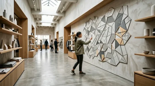 Une scène en magasin moderne montrant l'interaction entre clients et technologie phygitale, mise en scène dynamique avec QR codes intégrés naturellement