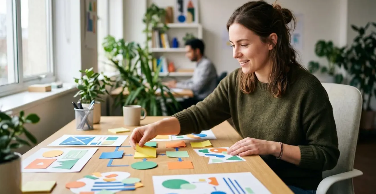 Vue minimaliste d'un espace de travail épuré avec des schémas d'architecture web colorés disposés harmonieusement