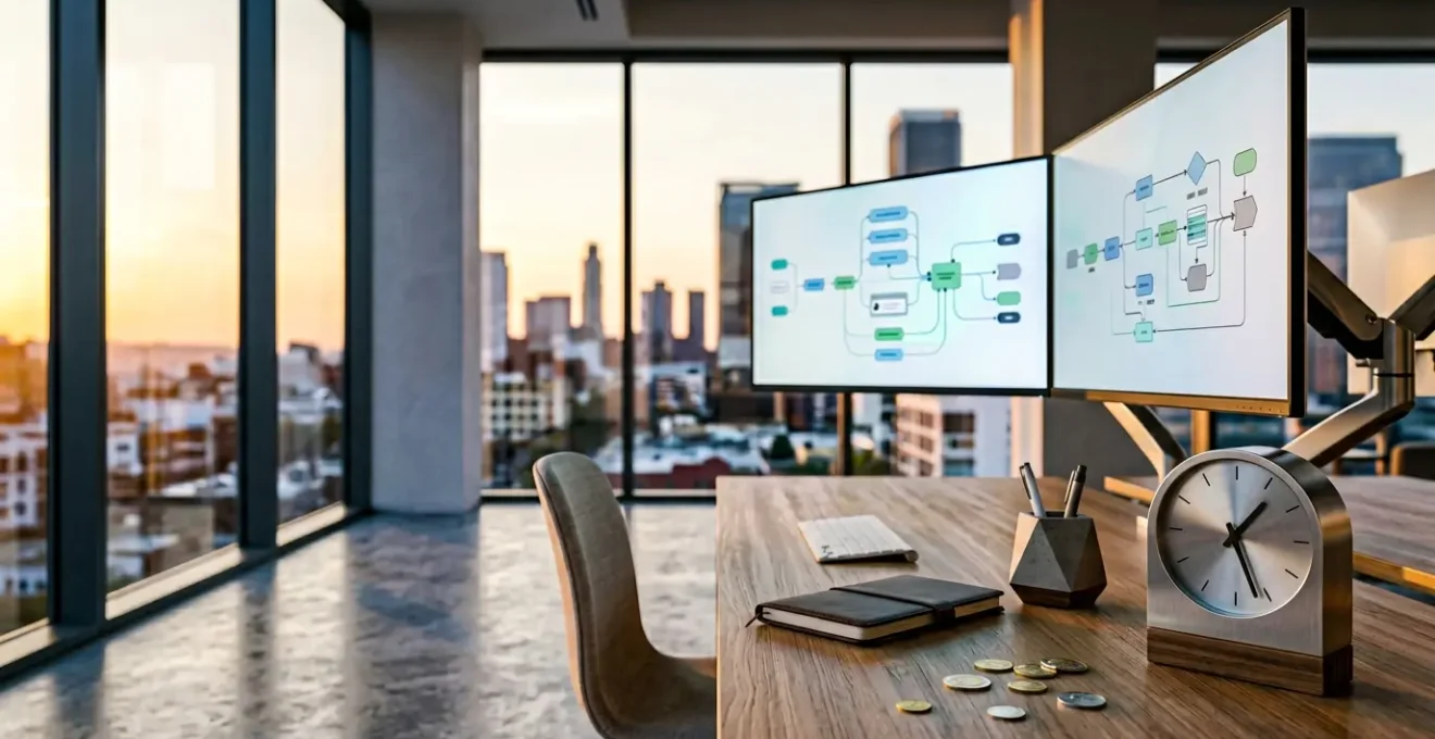 Bureau moderne avec écrans multiples affichant des flux automatisés et une horloge murale indiquant des économies de temps