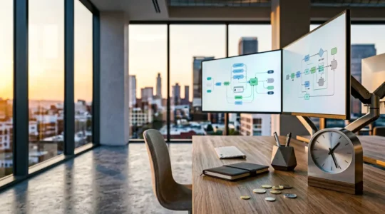 Bureau moderne avec écrans multiples affichant des flux automatisés et une horloge murale indiquant des économies de temps