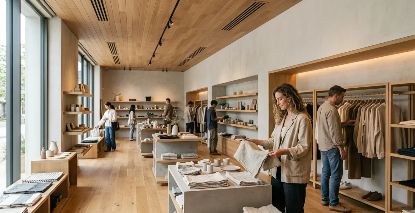 Intérieur d'une boutique moderne avec ambiance olfactive subtile et clients détendus explorant les produits