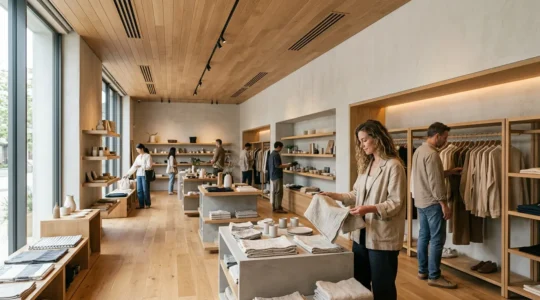 Intérieur d'une boutique moderne avec ambiance olfactive subtile et clients détendus explorant les produits