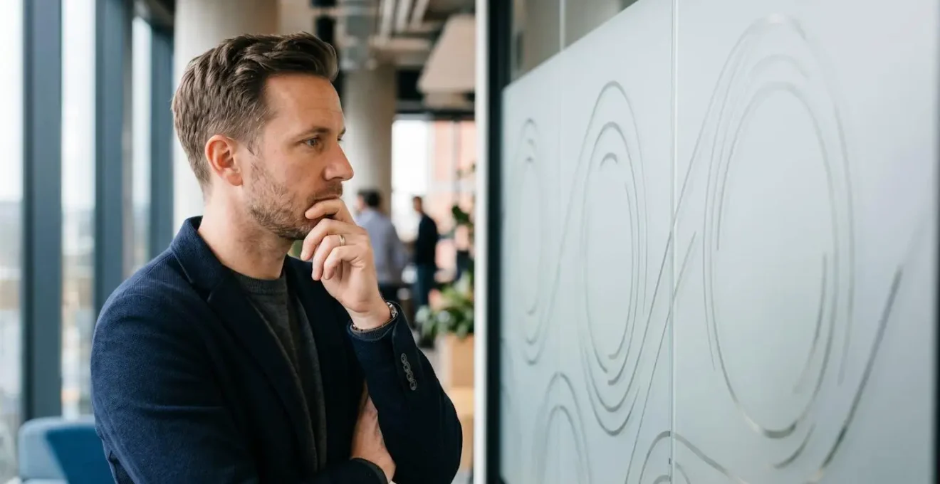 Personne contemplant un mur de verre avec des motifs abstraits représentant le temps et les cycles