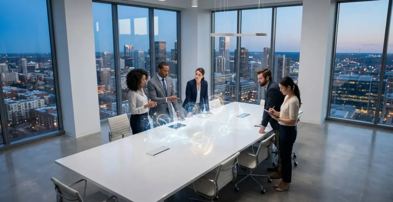Professionnels en salle de réunion analysant différents canaux de communication