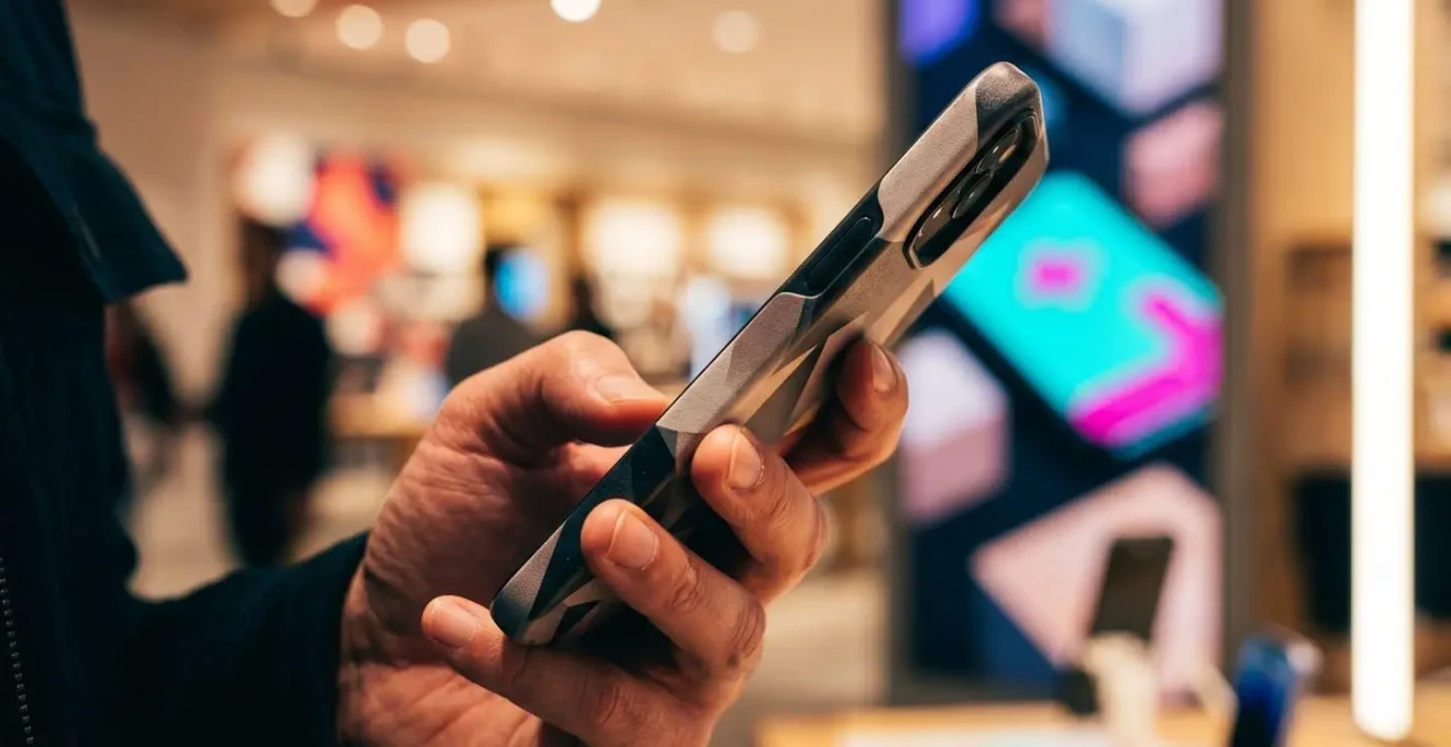 Vue macro d'une main tenant un smartphone dans un environnement de magasin avec éléments de gamification suggérés