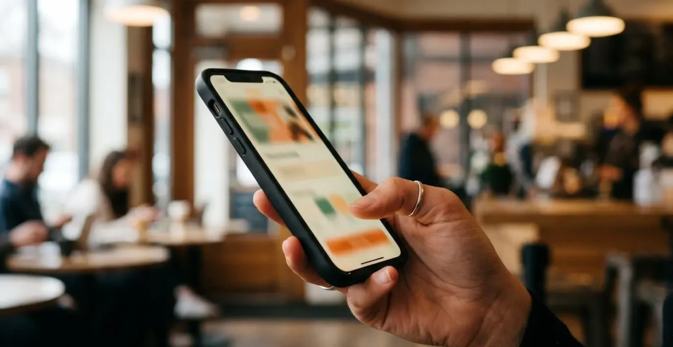 Main tenant un smartphone avec interface de paiement simplifiée visible sous angle oblique