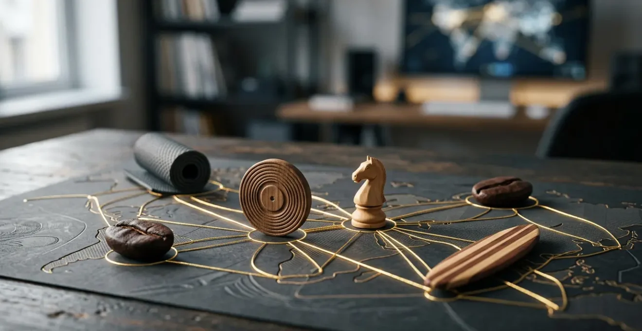 Vue macro de jetons personnalisés représentant différentes passions de niche disposés sur une carte conceptuelle de réseau