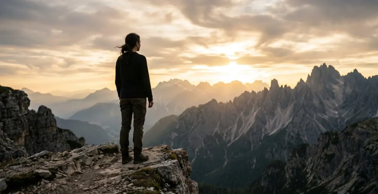Personne regardant vers un horizon montagneux au lever du soleil, symbolisant le début d'une quête