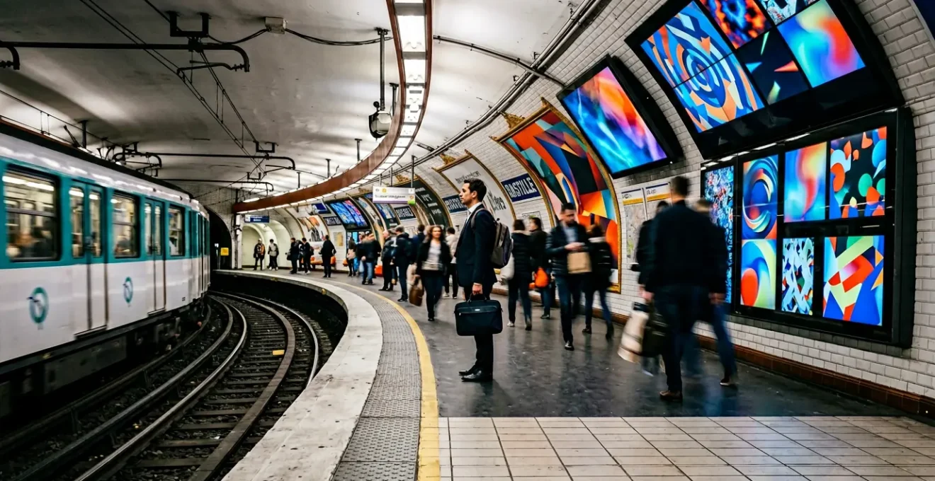 Un passager dans le métro parisien entouré d'écrans publicitaires avec une expression de surcharge mentale