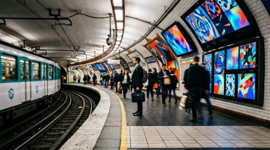 Un passager dans le métro parisien entouré d'écrans publicitaires avec une expression de surcharge mentale