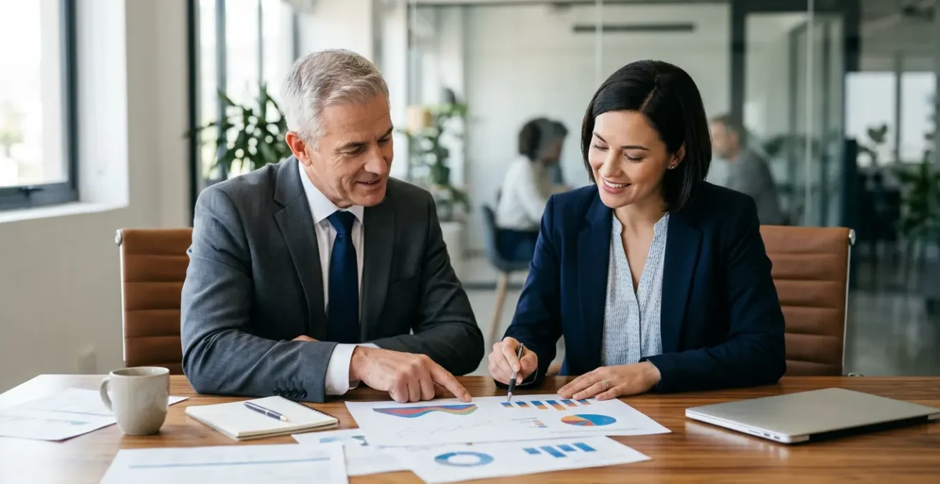 Un directeur financier et un marketeur analysent ensemble des graphiques de performance sur une table en bois, avec un ordinateur portable fermé à côté