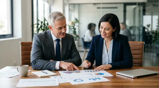 Un directeur financier et un marketeur analysent ensemble des graphiques de performance sur une table en bois, avec un ordinateur portable fermé à côté