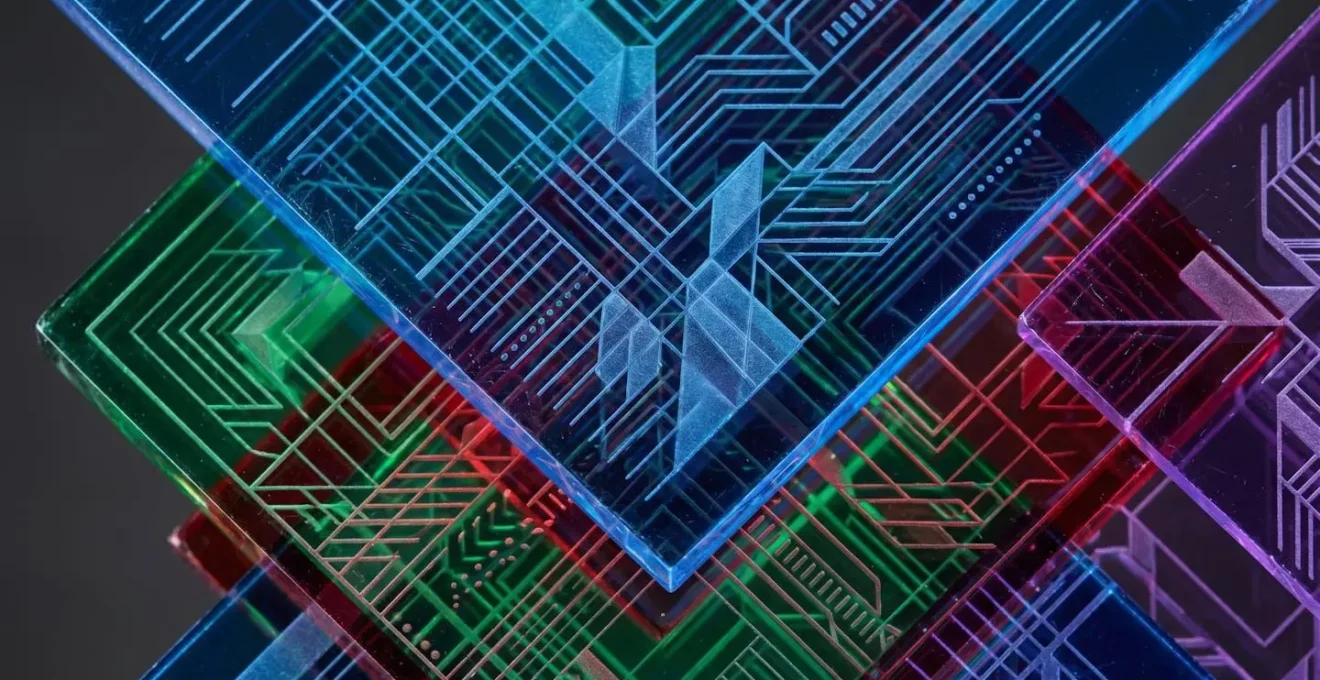 Vue macro d'éléments graphiques abstraits et colorés organisés selon une grille géométrique