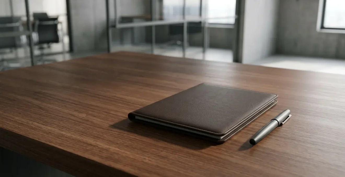 Bureau moderne épuré avec documents professionnels soigneusement disposés et détails de design haut de gamme suggérant crédibilité et expertise