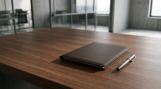 Bureau moderne épuré avec documents professionnels soigneusement disposés et détails de design haut de gamme suggérant crédibilité et expertise