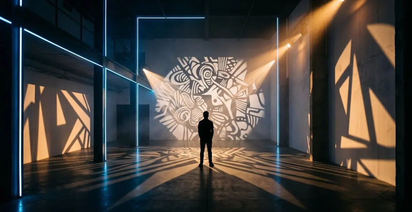 Jeu de lumières dramatiques créant des ombres artistiques dans un espace événementiel