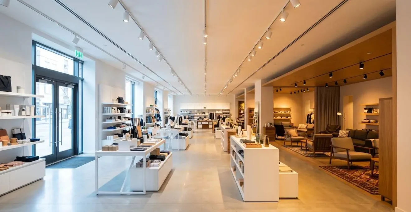 Intérieur de boutique avec variation d'éclairage chaud créant des zones d'ambiance distinctes pour la soirée.