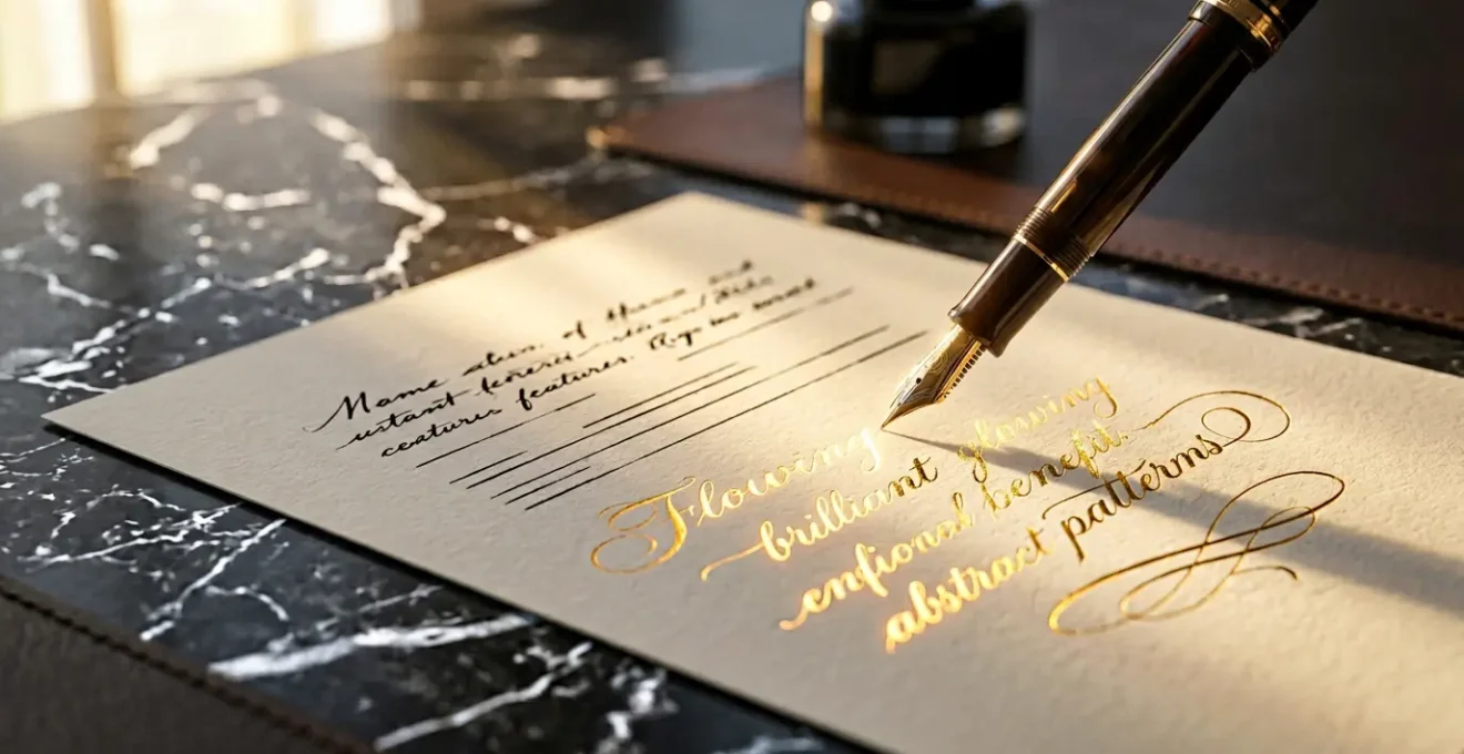 Main tenant un stylo plume au-dessus d'une page produit élégante avec des éléments visuels de conversion