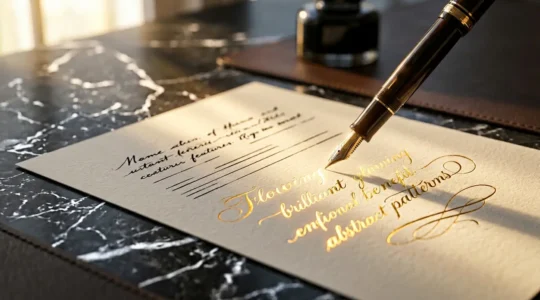 Main tenant un stylo plume au-dessus d'une page produit élégante avec des éléments visuels de conversion