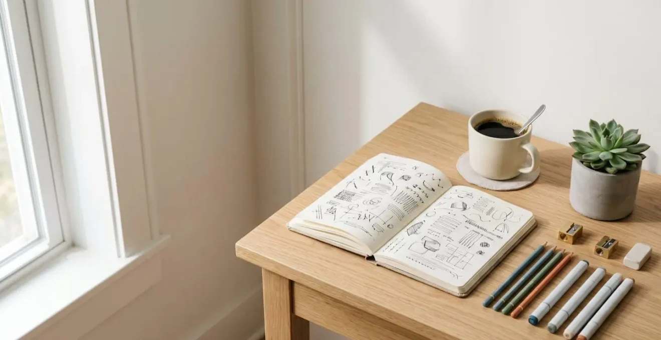 Bureau minimaliste avec carnets ouverts montrant des croquis créatifs et une tasse de café