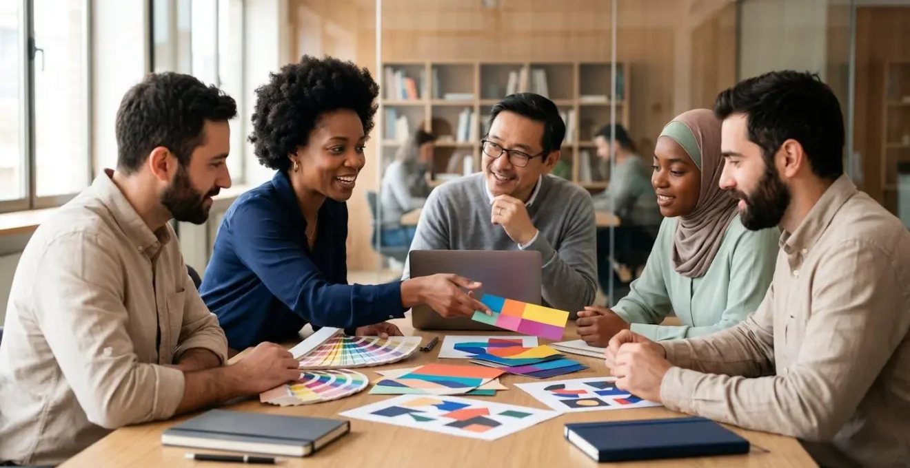 Équipe en réunion stratégique autour d'une table avec documents de marque et palette de couleurs visibles sans texte lisible