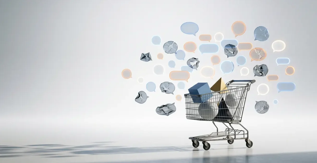 Un caddie abandonné dans un environnement digital avec des notifications email flottantes