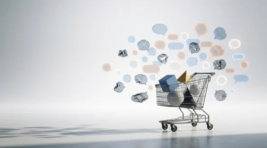 Un caddie abandonné dans un environnement digital avec des notifications email flottantes