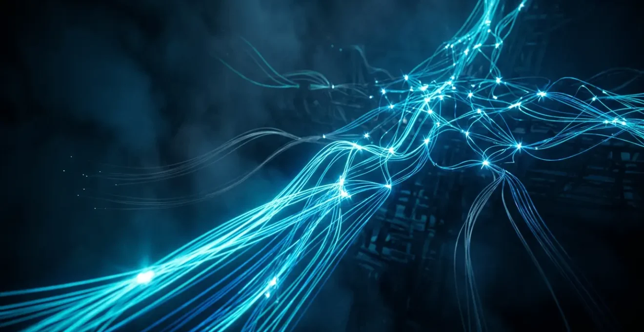 Structure de maillage interne SEO avec fils lumineux connectant des pages web