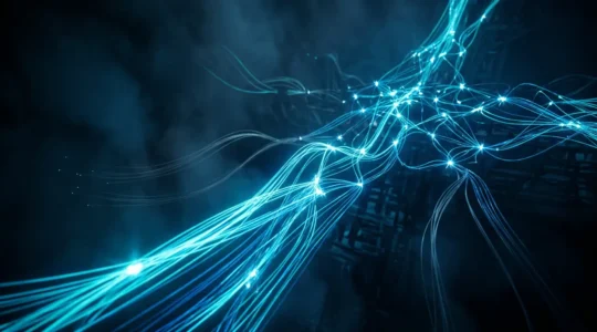 Structure de maillage interne SEO avec fils lumineux connectant des pages web