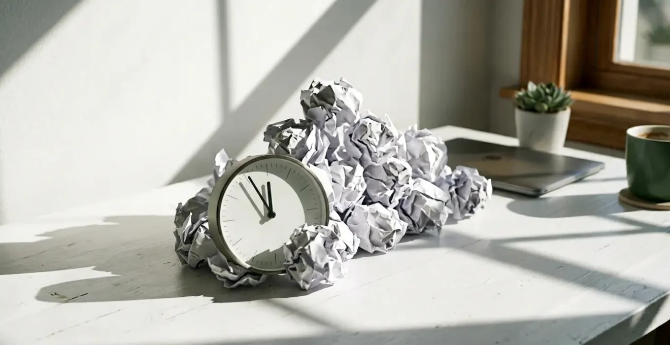 Bureau avec calendrier papier froissé et smartphone montrant LinkedIn, symbolisant l'erreur de planification