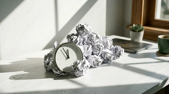 Bureau avec calendrier papier froissé et smartphone montrant LinkedIn, symbolisant l'erreur de planification