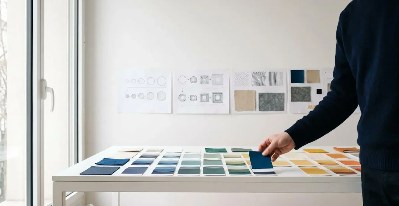 Vue minimaliste d'un bureau de design avec échantillons de couleurs et esquisses de logos en évolution