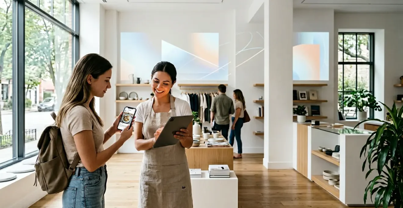 Vue immersive d'un espace de vente moderne où les frontières entre digital et physique s'estompent, montrant une interaction fluide entre vendeur et client