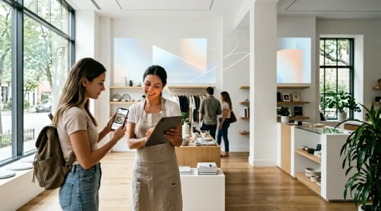 Vue immersive d'un espace de vente moderne où les frontières entre digital et physique s'estompent, montrant une interaction fluide entre vendeur et client