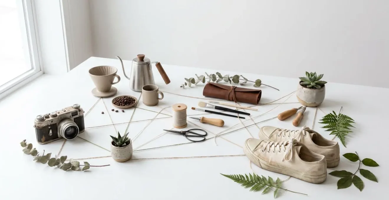 Photographe explorant des connexions entre différents centres d'intérêt représentés par des objets symboliques reliés par des fils