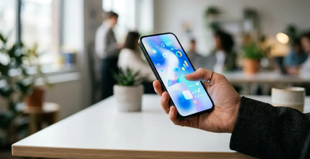 Main tenant un smartphone affichant une interface publicitaire Facebook avec des éléments visuels dynamiques