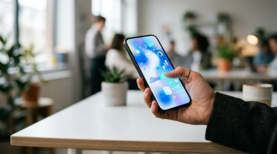 Main tenant un smartphone affichant une interface publicitaire Facebook avec des éléments visuels dynamiques