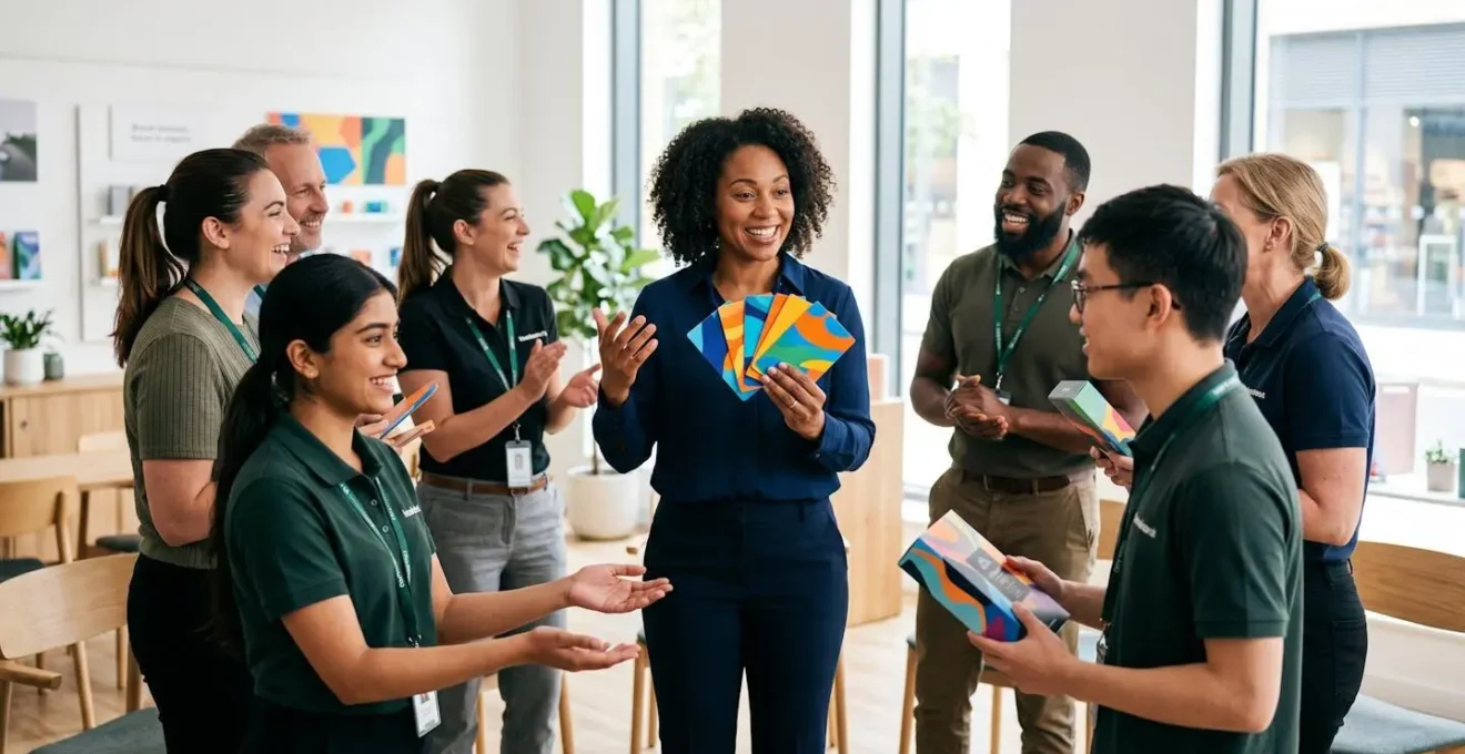 Scène de formation dynamique où des vendeurs apprennent à créer du contenu aligné avec la stratégie sociale de la marque