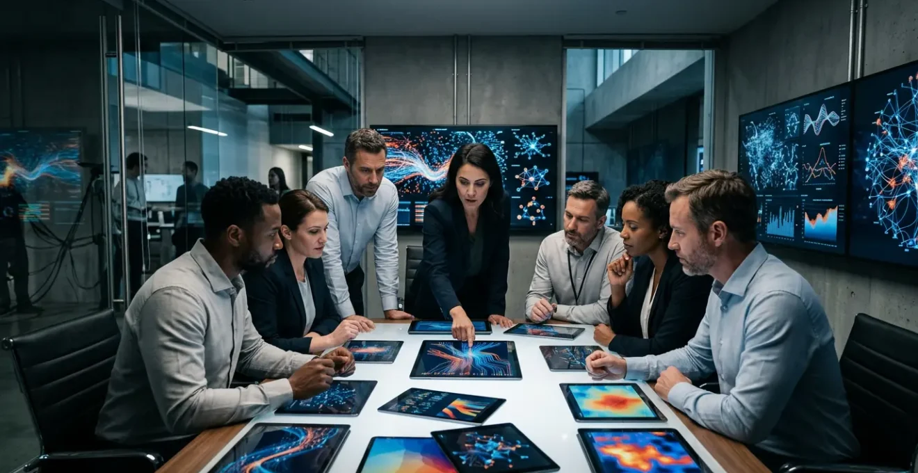 Salle de contrôle de crise avec professionnels analysant des données en temps réel