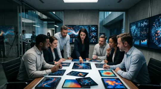 Salle de contrôle de crise avec professionnels analysant des données en temps réel