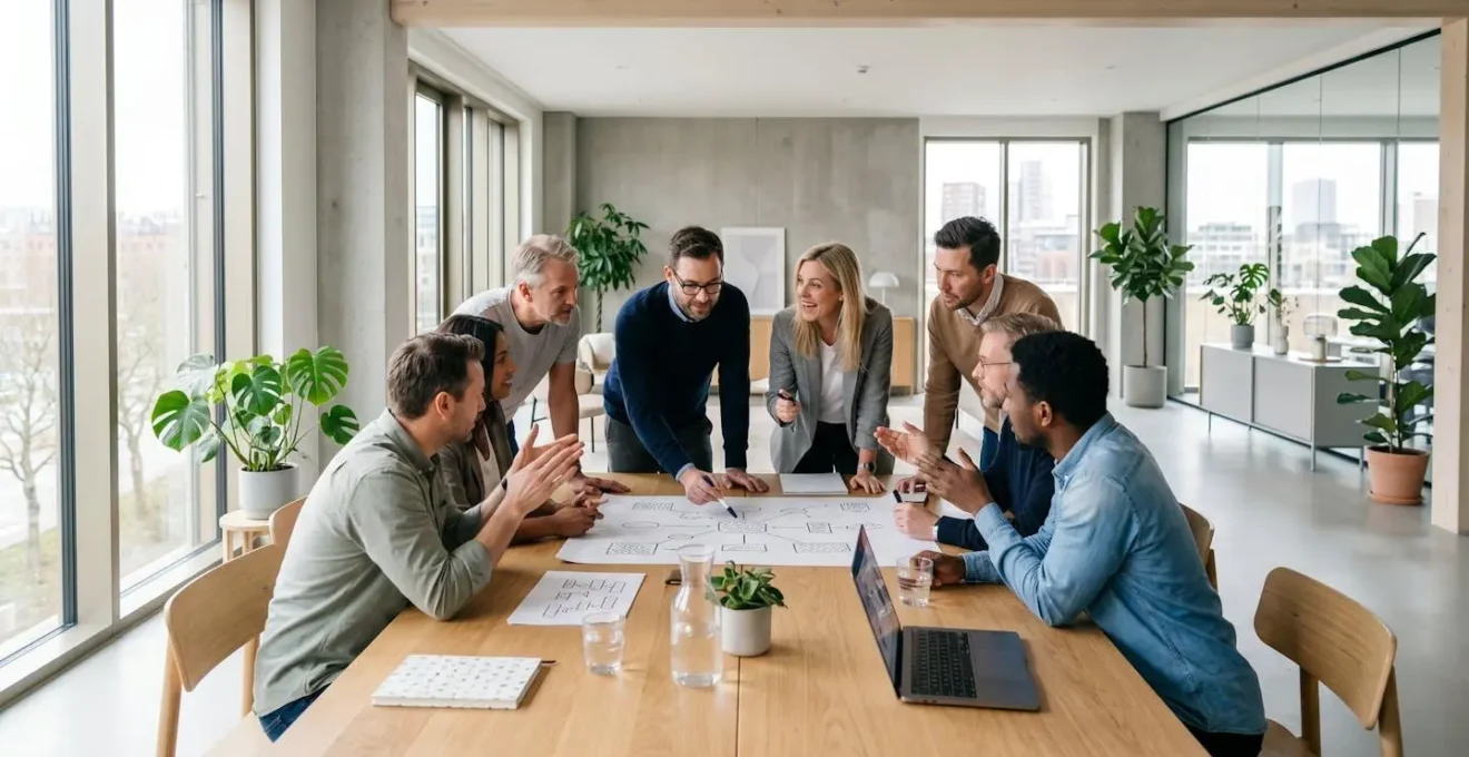 Équipes marketing et ventes travaillant ensemble autour d'un tableau blanc collaboratif